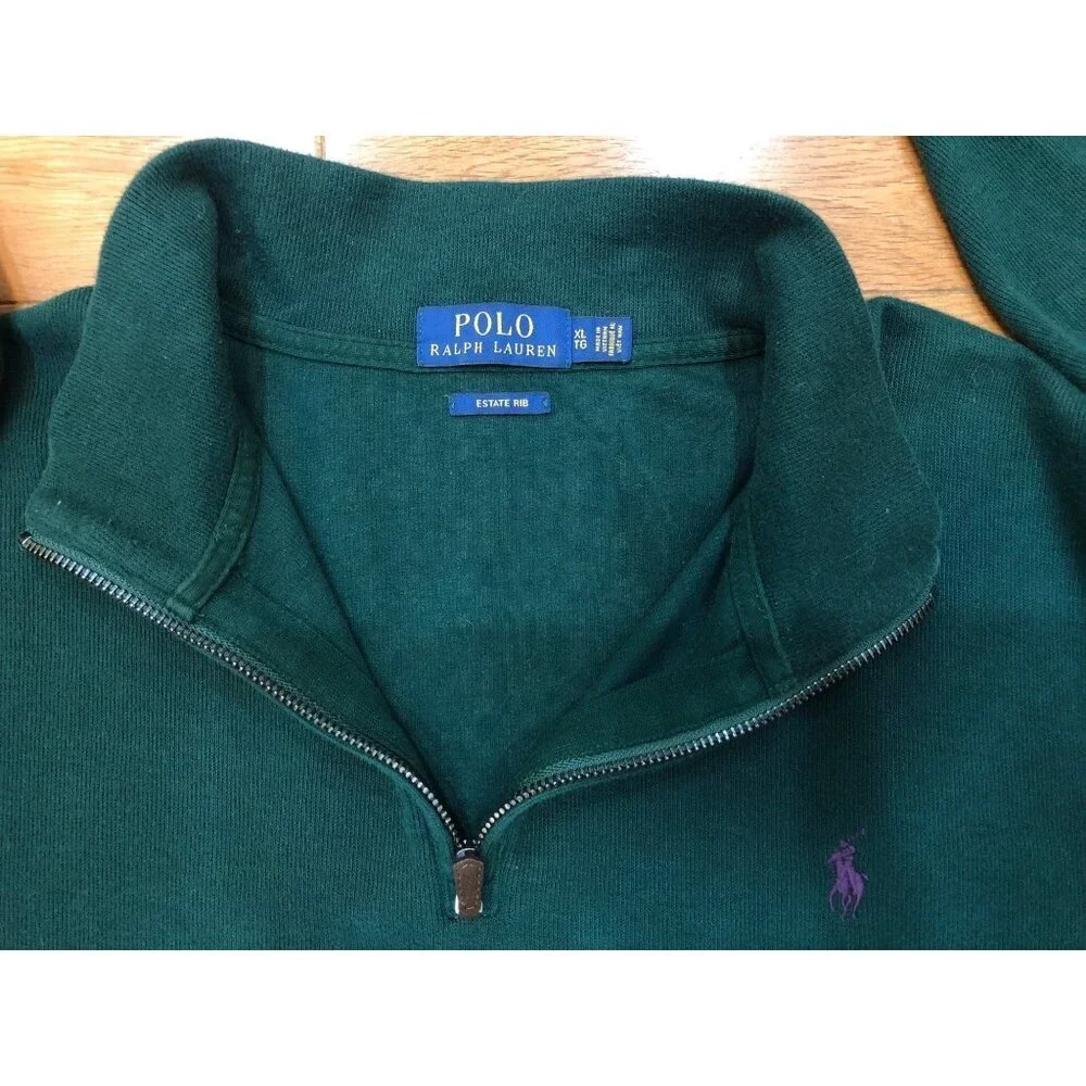 Polo Ralph Lauren Estate Rib 100% Cotton 1/4 Zip Mock Neck Green Pullover Sz XL